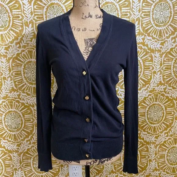 Tory Burch Simone Black Long Sleeve Button Front Cotton Cardigan size S - Picture 2 of 10